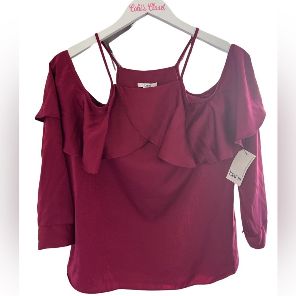 Bar III Cold Shoulder Long Sleeve Blouse, NWT, Size-L, Color-Fushia